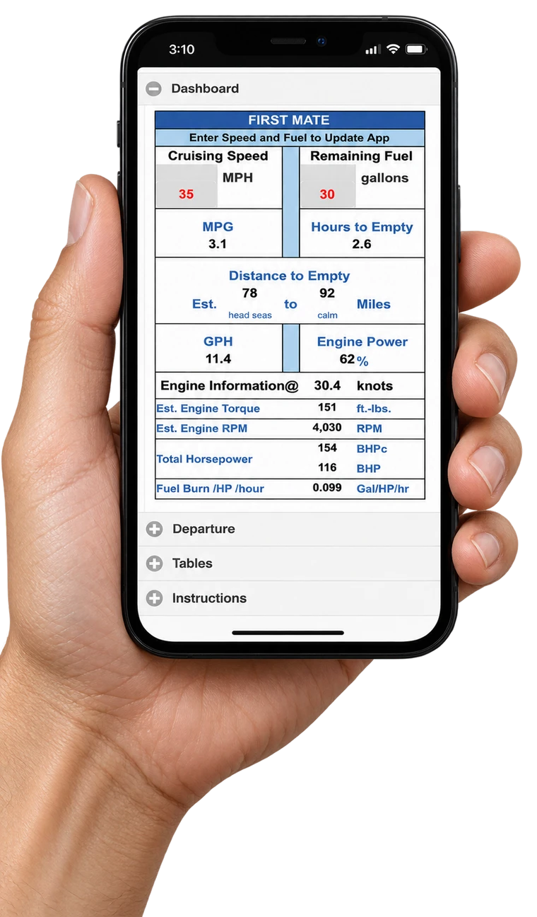 A hand holding a phone showing the First Mate Dashboard with example values